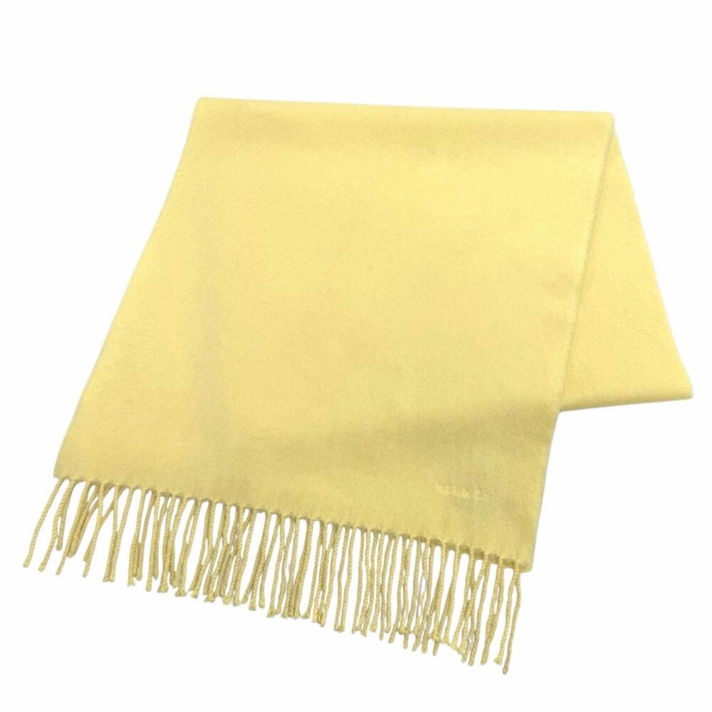 HERMES 100% Cashmere Logo Embroidered Fringe Stole/Scarf, Yellow, Made in Sco...